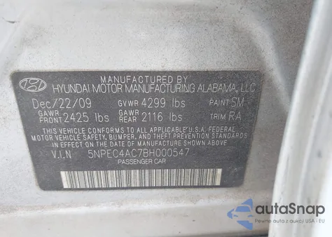 2011 Hyundai Sonata Se z USA, uszkodzony, nr VIN 5NPEC4AC7BH000547